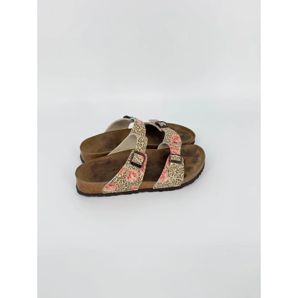 Birkis Birkenstock Floral Leopard Print Slide Sandals Brown Pink Tan 38 L7 M5